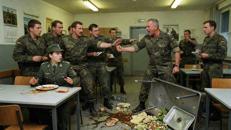 Unter 200 Soldaten der Panzergrenadierbrigade in Frankenberg war ich das ständige Opfer eines frauenfeindlichen Majors. Mit hasserfüllten Augen trat er meinen Tisch um, warf mein Essen achtlos auf den Boden und brüllte, Frauen gehörten nicht ins Militär… Dass eine Gruppe männlicher Kameraden sich schützend vor mich stellte und ihn anzeigte, veränderte die ganze Kaserne.