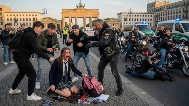 Eine zierliche 16-jährige Schülerin weinte bitterlich, als sie vor dem Brandenburger Tor in Berlin von vier rücksichtslosen Mobbern umzingelt wurde. Man trat ihr den Rucksack weg, kippte klebrige Cola über ihr Haar und brüllte ihr hasserfüllt ins Gesicht – Die unerwartete Rettung durch eine massive Motorrad-Bruderschaft löste nicht nur Jubel aus, sondern zwang die Polizei zu einer sofortigen Ingewahrsamnahme wegen schwerer Nötigung.