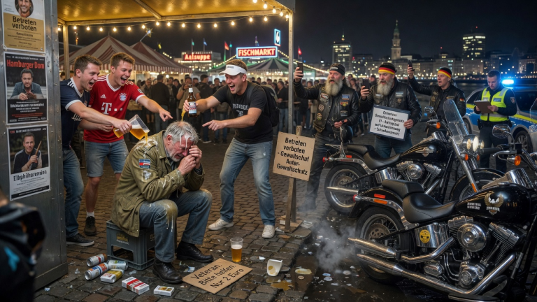 Mit nur 2 Euro in der Tasche wurde ein obdachloser Veteran am Hamburger Fischmarkt von betrunkenen Touristen gequält. Sie zeigten mit den Fingern auf ihn, lachten laut auf und schütteten eiskaltes Bier über seine zitternden Schultern – Das markerschütternde Dröhnen von Harley-Davidsons kündigte eine Rettung an, die durch geschickte Anwendung des deutschen Gewaltschutzgesetzes die Täter für immer ruinieren sollte.