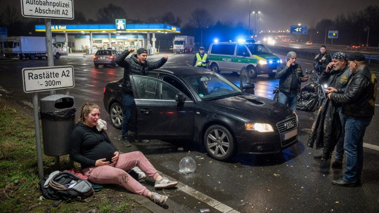 Eine hochschwangere 22-Jährige bettelte weinend an einer Raststätte der Autobahn A2, nachdem ihr Freund sie heimtückisch aus dem Auto geworfen hatte. Er spuckte vor ihr aus, hieb wütend auf das Autodach und ließ sie frierend in der eiskalten Nacht zurück… Das unerwartete Eingreifen einer Biker-Gang, die sofort die Autobahnpolizei wegen Aussetzung nach § 221 StGB alarmierte, führte zu einem der dramatischsten Gerichtsurteile des Jahres.