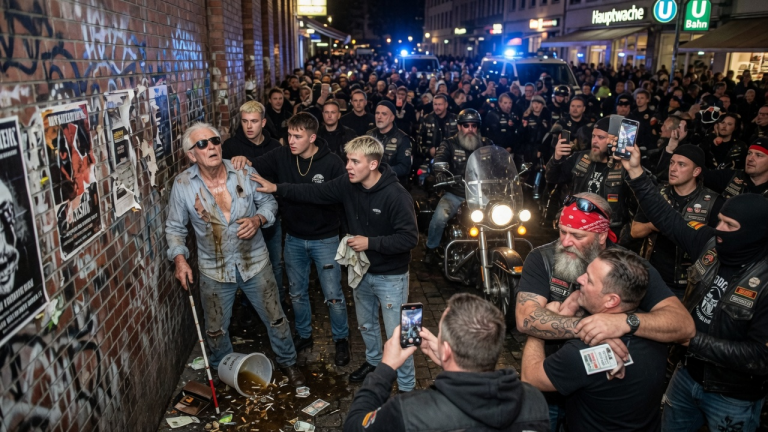 Ein 77-jähriger blinder Mann wurde an der Frankfurter Hauptwache von einer Gruppe skrupelloser Trickbetrüger in eine Gasse gedrängt. Man riss ihm das Hemd auf, kippte dreckiges Wasser über ihn und drückte ihn gewaltsam gegen die kalte Ziegelmauer – Doch als hunderte Biker den Platz stürmten und das Jedermannsrecht zur vorläufigen Festnahme knallhart durchzogen, begann für die Täter ein juristischer Albtraum.