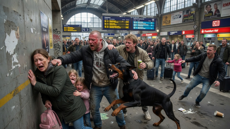 Mitten auf dem Frankfurter Hauptbahnhof wurde eine schutzlose Mutter von 2 betrunkenen Männern aufs Übelste beschimpft und drangsaliert. Einer der Täter packte sie grob am Kragen, stieß sie brutal gegen die harte Betonwand und spuckte ihr wütend ins Gesicht – In diesem furchtbaren Moment durchbrach ihr angeblich gefährlicher Dobermann die Menschenmenge, um die Angreifer in die Flucht zu schlagen und schützend über ihr zu stehen.
