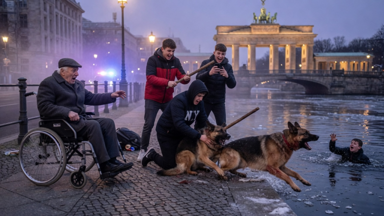 Der 75-jährige Rollstuhlfahrer musste am Brandenburger Tor hilflos mitansehen, wie drei grausame Jugendliche seinen Schäferhund brutal quälten. Sie drückten das Tier gewaltsam zu Boden, schlugen ihm hart mit einem Stock auf den Rücken und lachten über seine Schmerzenslaute… Niemand ahnte, dass der schwer verletzte Hund kurz darauf in den eiskalten Fluss springen würde, um einen der ertrinkenden Täter zu retten.