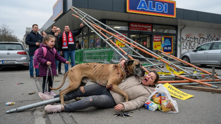 Vor einem Aldi in München stieß eine wütende Frau den Hund einer 6-jährigen Waise brutal zu Boden. Sie trat der zitternden Deutschen Dogge hart in die Rippen, riss an ihren Ohren und brüllte: “Elendiger Köter!”… Als Sekunden später ein Baugerüst auf die Frau stürzte, warf sich das misshandelte Tier dazwischen und opferte sein Leben.
