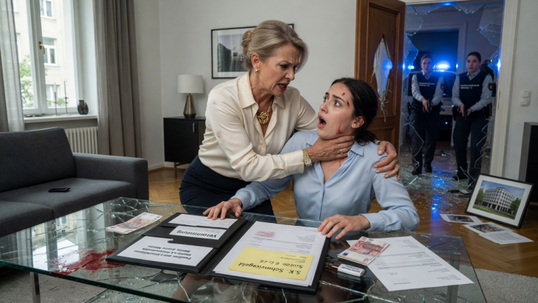 Als ich entdeckte, dass meine Schwiegermutter heimlich 100.000 Euro aus unserem Familienunternehmen in München veruntreut hatte, rastete sie komplett aus. Sie packte mich brutal am Hals, stieß mich hart gegen den Glastisch und zischte mit zusammengebissenen Zähnen, ich solle schweigen… Doch in dem Moment, als die Beamten der Staatsanwaltschaft die Tür eintraten, war der Beweis auf dem Tisch etwas, das ihr Blut in den Adern gefrieren ließ.