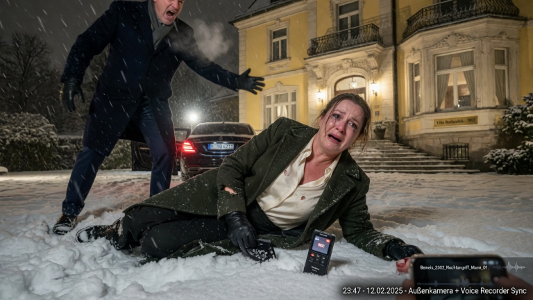 Um seine blutjunge Geliebte nach 10 Ehejahren offiziell in unsere Münchner Villa zu holen, wollte mein betrügerischer Mann mich brutal loswerden. Er riss mir wütend die Jacke auf, stieß mich nachts in den eiskalten Schnee und brüllte, ich sei wertlos… Welches schockierende Beweisstück ich morgen jedoch dem Familiengericht präsentieren werde und ob es sein Leben ruiniert, ahnt absolut niemand.