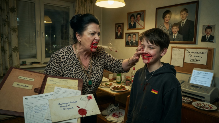 Weil ich als 1 Adoptivkind das dunkle Geheimnis der Familie kannte, wurde ich vom Clan in Frankfurt wie ein Sklave behandelt. Die Matriarchin ohrfeigte mich mit voller Wucht, spuckte mir vor die Füße und drohte, mich für immer verschwinden zu lassen… Doch ich lächelte nur blutig, denn die geheimen Schweizer Bankdokumente über ihre Geldwäsche waren bereits auf dem Weg zur Staatsanwaltschaft.