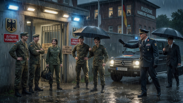 5 MÄNNLICHE SOLDATEN SPERRTEN DIE REKRUTIN ANNA BEI STRÖMENDEM REGEN AUS DER KASERNE IN HAMBURG AUS, UM SIE WEGEN IHRES GESCHLECHTS ZU DEMÜTIGEN -ABER DER PLÖTZLICHE AUFTRITT EINES GENERALS DES BUNDESMINISTERIUMS DER VERTEIDIGUNG VERÄNDERTE IHR SCHICKSAL FÜR IMMER.