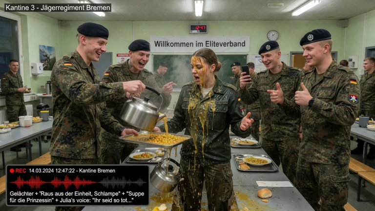 4 MÄNNLICHE REKRUTEN KIPPTEN KOCHENDE SUPPE ÜBER DIE UNIFORM DER SOLDATIN JULIA IN DER KANTINE VON BREMEN, UM SIE AUS IHRER ELITE-EINHEIT ZU MOBBEN…IHRE HEIMLICHE TONAUFNAHME DES VORFALLS WURDE JEDOCH ZUR GRUNDLAGE FÜR DIE HÄRTESTE STRAFE IN DER GESCHICHTE DER BUNDESWEHR.
