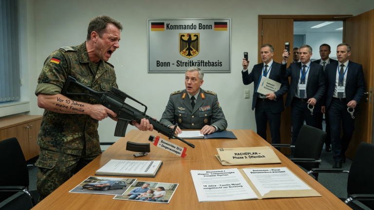 ZITTERND VOR SCHMERZ RICHTETE DER SOLDAT SEIN GEWEHR AUF DEN KOMMANDEUR IN BONN UND SCHRIE, WEIL DIESER VOR 10 JAHREN SEINE FAMILIE AUSGELÖSCHT HATTE, UM EINE WAFFENSCHIEBEREI ZU VERBERGEN -ALS ER DIE WAFFE SENKTE UND 5 BUNDESANWÄLTE DEN RAUM BETRATEN, WURDE DER WAHRE, PERFEKTE RACHEPLAN SICHTBAR.