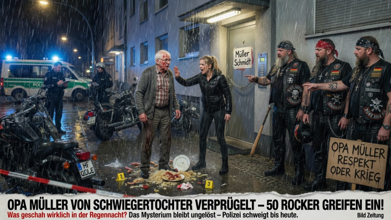 OPA MÜLLER WURDE VON SEINER SCHWIEGERTOCHTER IN HAMBURG BEI STRÖMENDEM REGEN AUSGESPERRT UND INS GESICHT GESCHLAGEN, WEIL ER DEN TELLER FALLEN LIESS – WIE 50 SCHWERE ROCKER DARAUFHIN EINGRIFFEN, ENDETE IN EINEM MYSTERIUM, DAS BIS HEUTE UNGEKLÄRT IST.