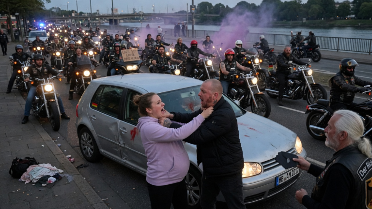 DIE SCHWANGERE MARIA WURDE VON IHREM EX IN BREMEN GEGEN EIN AUTO GEDRÜCKT UND GEWÜRGT, WEIL SIE IHN VERLIESS – WIE 50 LAUTE MOTORRADFAHRER SIE BEFREITEN, GIPFELTE IN EINEM GEHEIMNISVOLLEN AUSGANG, DEN NIEMAND VORHERSEHEN KONNTE.