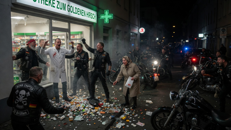 DER APOTHEKER IN BONN ZERTRAT DIE LEBENSWICHTIGEN MEDIKAMENTE VON FRAU MEYER UND VERHÖHNTE SIE WEGEN 10 EURO… WAS DANN 30 BRÜLLENDE BIKER MIT IHM MACHTEN, MÜNDETE IN EINER SZENE, DEREN ENDE VOLLKOMMEN IM DUNKELN LIEGT.