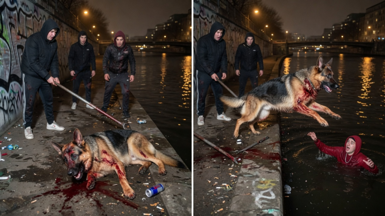 3 SCHLÄGER IN BERLIN SCHLUGEN DEN DEUTSCHEN SCHÄFERHUND MIT EINEM ROHR BLUTIG, WEIL ER ZU LAUT BELLTE… NIEMAND AHNTE, DASS DIESER SCHWERVERLETZTE HUND SEKUNDEN SPÄTER IN DEN FLUSS SPRINGEN WÜRDE, UM IHREN ERTRINKENDEN ANFÜHRER ZU RETTEN.