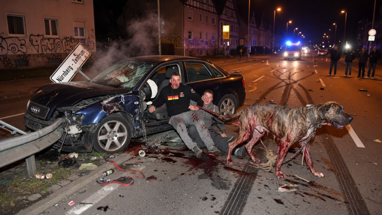 2 MÄNNER IN NÜRNBERG BANDEN DIE DEUTSCHE DOGGE AN EIN AUTO UND SCHLEIFTEN SIE ÜBER DEN ASPHALT, WEIL ES SPAß MACHTE… ALS IHR AUTO JEDOCH EINEN UNFALL HATTE, BEFREITE SICH DAS BLUTENDE TIER UND ZOG SIE AUS DEM WRACK.