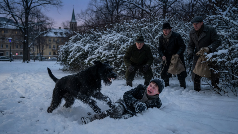DER SCHWARZE RIESENSCHNAUZER KNURRTE DEN STUMMEN SOHN VON HAUPTMANN BAUER AN UND WARF IHN TIEF IN DEN SCHNEE… DER JUNGE WEINTE, DOCH DADURCH ENTKAM ER DEN 4 ENTFÜHRERN, DIE IM GEBÜSCH IN STUTTGART LAUERTEN.