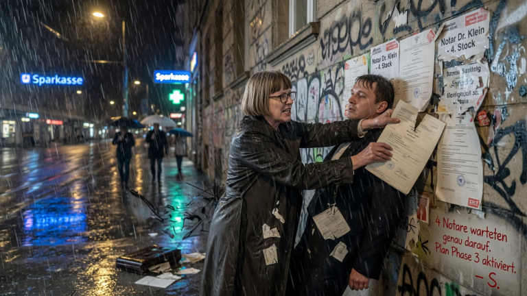 WÄHREND DES STRÖMENDEN REGENS IN STUTTGART DRÜCKTE MICH FRAU SCHMIDT GEGEN DIE WAND UND ZERRISS MEINE DOKUMENTE, UM MICH ZU ENTMÜNDIGEN…SIE WUSSTE NICHT, DASS 4 NOTARE GENAU DIESEN BEWEIS BRAUCHTEN, UM MEINEN GEHEIMEN PLAN ZU AKTIVIEREN.