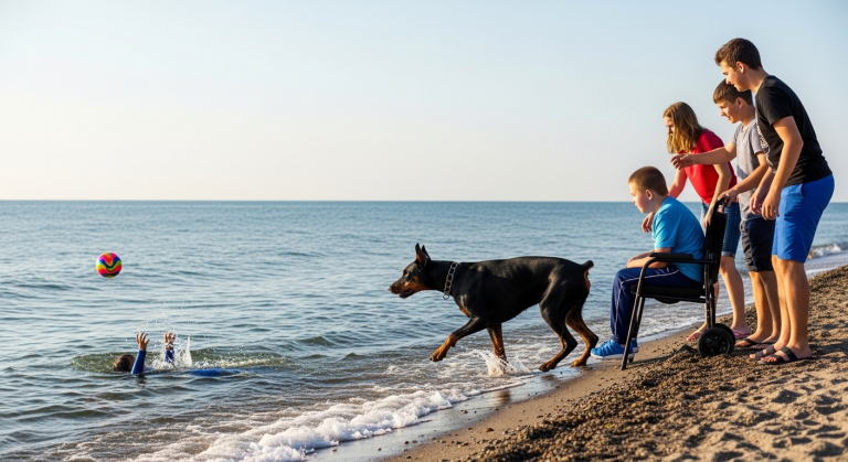 „Das Biest von Malibu: Als die Bullies den Ball des gelähmten Jungen in die Todeszone kickten, dachten sie, sein Dobermann würde Blut sehen – doch was dieser ‚Killer‘ aus den Wellen zog, ließ ihr hasserfülltes Lachen für immer in der Kehle ersticken.“
