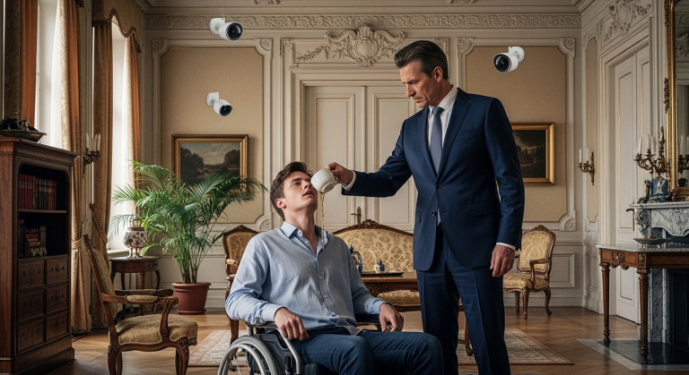 DER MILLIONÄR HERR WEBER SCHÜTTETE SEINEM KRANKEN SOHN LUKAS HEIßEN KAFFEE INS GESICHT UND SCHMISS IHN AUS DER BERLINER VILLA, UM DAS GERICHT ZU TÄUSCHEN – ABER DIESE 3 VERSTECKTEN ÜBERWACHUNGSVIDEOS ZERSTÖRTEN SEIN GANZES LÜGENIMPERIUM.