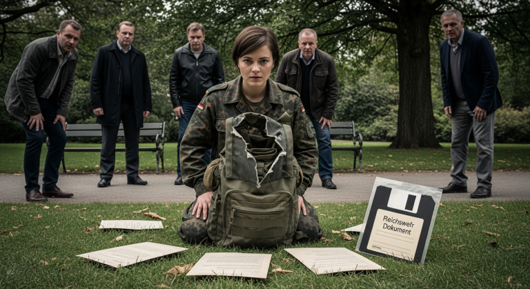 IM STADTPARK VON STUTTGART WIRD DIE JUNGE SOLDATIN EMMA VON EINER GRUPPE MÄNNER UMZINGELT UND IHR RUCKSACK WIRD AUFGESCHNITTEN, UM SIE EINZUSCHÜCHTERN… DIE 5 VERSTREUTEN DOKUMENTE ENTHALTEN JEDOCH EINE VERSCHLOSSENE DISKETTE DER REICHSWEHR.