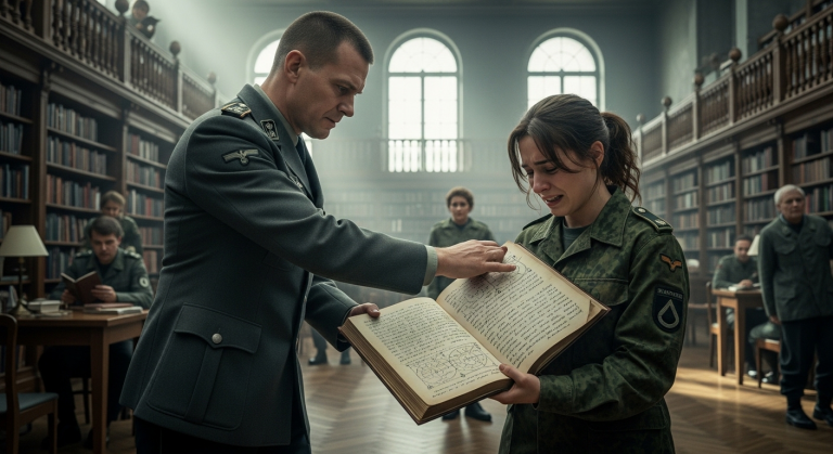 DER GEFÜHLLOSE SERGEANT OLIVER SCHLÄGT DER SOLDATIN VANESSA IN EINER ÖFFENTLICHEN BIBLIOTHEK DAS BUCH AUS DER HAND UND VERHÖHNT IHR LEID… DOCH DIE 7 VERSTECKTEN SEITEN ENTHALTEN DIE WAHRHEIT ÜBER DAS ILLEGALE MILITÄRARCHIV.