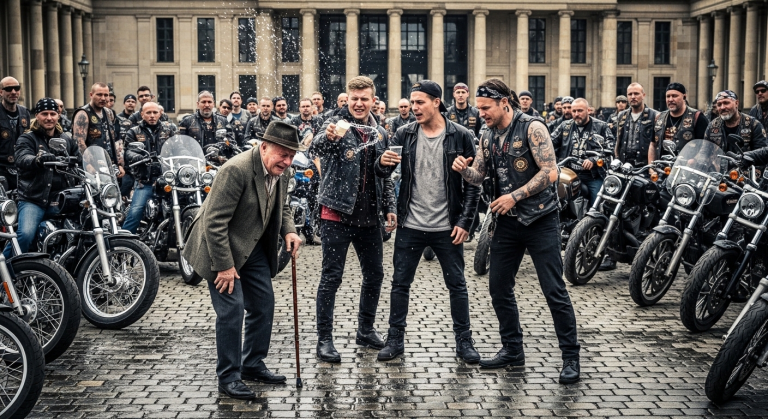 DIE ARROGANTEN JUGENDLICHEN TRATEN DEM ALTEN HERRN SCHMIDT IN BERLIN DEN GEHSTOCK WEG UND SCHÜTTETEN IHM KALTES WASSER INS GESICHT, NUR WEIL ER ZU LANGSAM GING – ABER IHR LACHEN ERSTARB SOFORT, ALS 50 TÄTOWIERTE BIKER DEN PLATZ UMKREISTEN, UM DEN WEINENDEN RENTNER ZU BESCHÜTZEN.