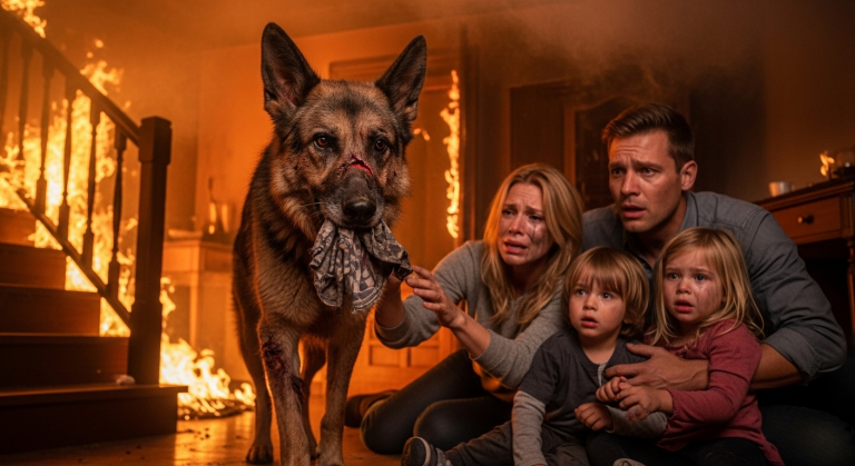 FAMILIE BECKER TRAT DEN BLINDEN SCHÄFERHUND DER 85-JÄHRIGEN OMA HALBTOT UND HOFFTE LAUTHALS AUF SEINEN BALDIGEN TOD… WIE DIESER SCHWERVERLETZTE HUND IHNEN UM 4 UHR MORGENS AUS DEN FLAMMEN HALF, IST UNGLAUBLICH HERZZERREIßEND!