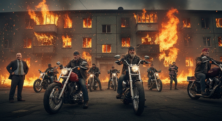 Der Gierige Vermieter Lächelte Süffisant, Als Das Gebäude Brannte, Doch Er Hatte Nicht Mit Der Mysteriösen Biker-Gang Gerechnet, Die Durch Das Höllenfeuer Raste, Um Leben Zu Retten – Ein Schockierender Twist, Der Sprachlos Macht!