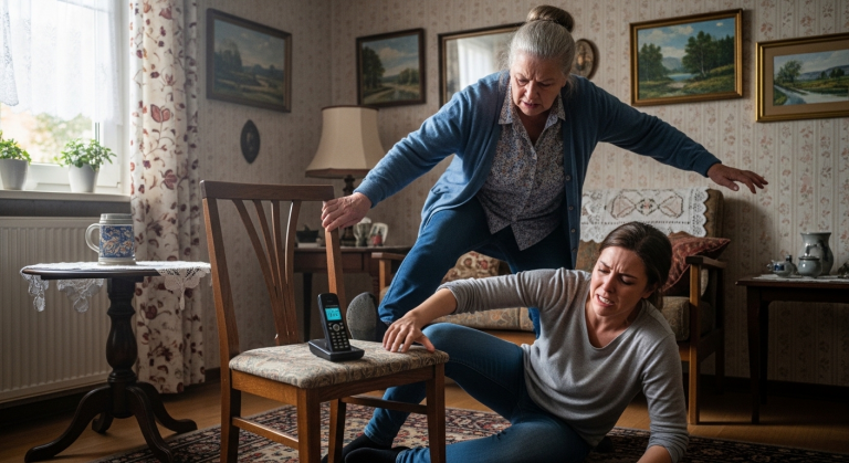 FRAU WAGNER TRAT GEGEN MEINEN STUHL, WARF MICH ZU BODEN IN UNSEREM HAUS IN KÖLN UND WOLLTE MICH ZWINGEN, AUF MEIN KIND ZU VERZICHTEN… JEDOCH HATTE ICH BEREITS DIE NUMMER 110 GEWÄHLT UND DIE POLIZEI HÖRTE ALLES MIT.