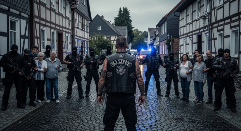 In einer kleinen Stadt bei Köln, als eine bewaffnete Verbrechergruppe ein Wohngebiet umzingelt und ältere Menschen sowie schwangere Frauen als Geiseln nimmt, sind es ausgerechnet gesellschaftlich ausgegrenzte Biker, die als Einzige den Mut haben einzugreifen und bis zum letzten Atemzug als lebender Schutzschild dienen.