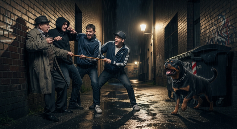Drei junge Schläger kreisten den zitternden Opa ein, rissen ihm den Gehstock weg und wollten ihn im Regen stehen lassen. Sie ahnten nicht, dass sein treuer Rottweiler im Schatten wartete – ein einziger Satz des Hundes reichte aus, um die Feiglinge in die Flucht zu schlagen, während sie vor Angst wimmerten.
