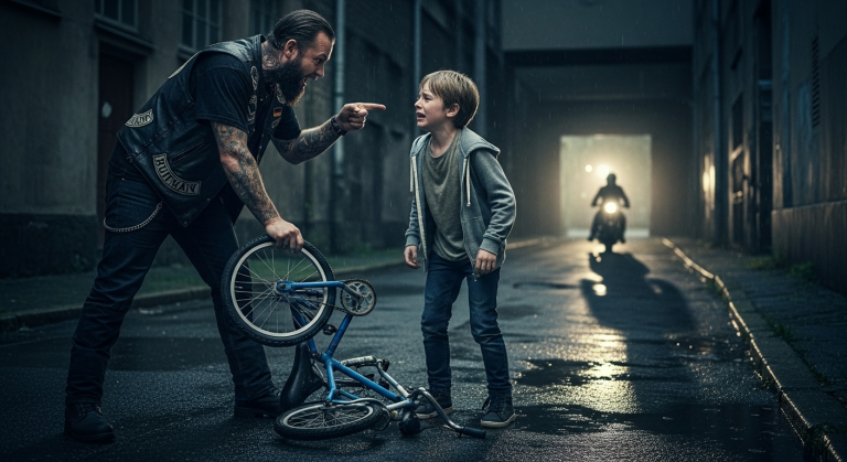 ALS DER SKRUPELLOSE BIKER DEM ZITTERNDEN 12-JÄHRIGEN MAX DAS FAHRRAD ZERTRÜMMERTE UND IHM VERHÖHNEND DEN FINGER INS GESICHT DRÜCKTE… TRAT AUS DEM DUNKELN EIN EINSAMER REITER HERVOR, DESSEN NAME IN DER UNTERWELT NUR GEFLÜSTERT WURDE.