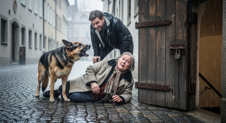 ALS DER ARROGANTE NACHBAR DIE 78-JÄHRIGE FRAU MÜLLER IM EISIGEN MÜNCHNER REGEN ZU BODEN STIEß, WEIL IHR ALTER SCHÄFERHUND WIE VERRÜCKT VOR SEINEM KELLER BELLTE… NIEMAND AHNTE, WAS FÜR EINE GRAUSAME WAHRHEIT SICH HINTER DIESER VERRIEGELTEN TÜR VERBARG.