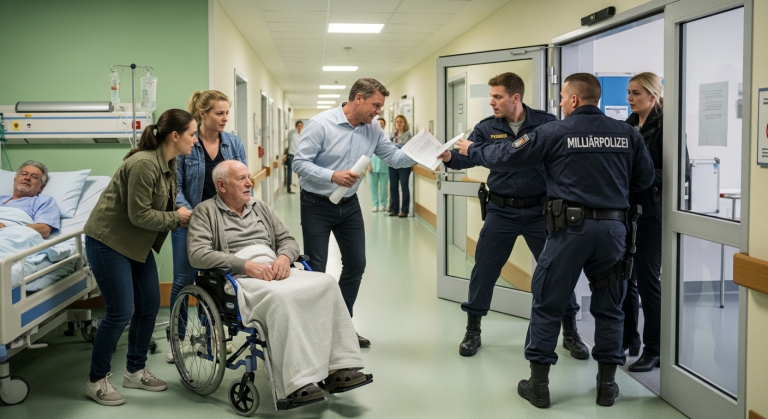 IM KÖLNER KRANKENHAUS ZERRTEN GIERIGE VERWANDTE DEN SCHWERKRANKEN VETERANEN MICHAEL AUS SEINEM WARMEN BETT AUF DEN KALTEN FLUR, UM SEIN ERBE ZU TEILEN… EXAKT 4 STUNDEN SPÄTER STÜRMTE DIE MILITÄRPOLIZEI DIE STATION UND OFFENBARTE SEIN WAHRES TESTAMENT.