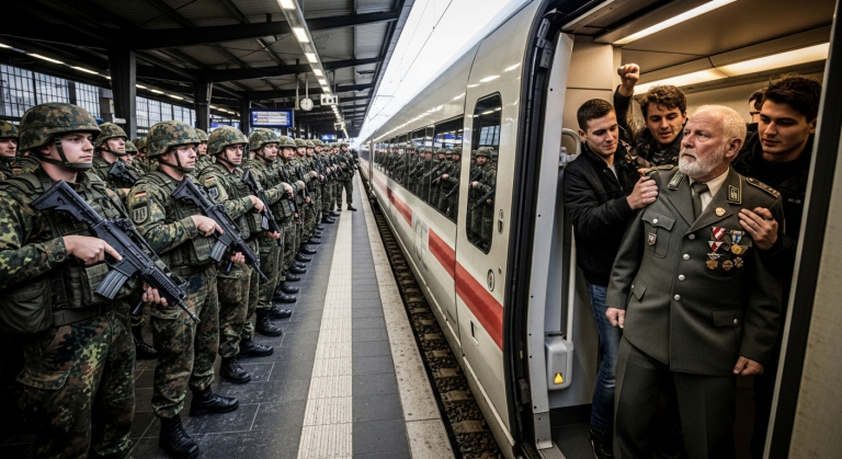 IM ICE NACH HAMBURG SCHUBSTEN RESPEKTLOSE JUGENDLICHE DEN EINSAMEN SOLDATEN DIETER GEGEN DIE WAND UND BESPUCKTEN SEINE ALTEN ORDEN… BEIM NÄCHSTEN HALT WARTETEN BEREITS 100 BEWAFFNETE SOLDATEN AM BAHNSTEIG UND BEREITETEN DEN TÄTERN IHREN SCHLIMMSTEN ALBTRAUM.