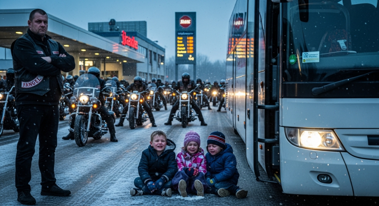 AN DER AUTOBAHNRASTSTÄTTE FRANKFURT SPERRTE EIN GEMEINER BUSFAHRER 3 WEINENDE KINDER IN DIE EISIGE KÄLTE AUS, WEIL SIE ZU LAUT WAREN… ALS JEDOCH EIN KONVOI VON 100 HELLS ANGELS VORBEIFUHR UND ANHIELT, BEGANN EIN UNGLAUBLICHES SPIEL UM LEBEN UND TOD!