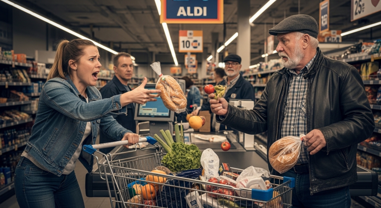 AN DER KASSE IM ALDI HAMBURG WARF EINE KUNDIN DEM 65-JÄHRIGEN BIKER HANS DIE EINKÄUFE INS GESICHT, WEIL ER ZU LANGSAM WAR… DIE GESICHTSZÜGE DER FRAU ENTGLITTEN VÖLLIG, ALS SICH DRAUSSEN 40 MOTORRÄDER MIT LAUTEM GEBRÜLL UM IHREN WAGEN STELLTEN!