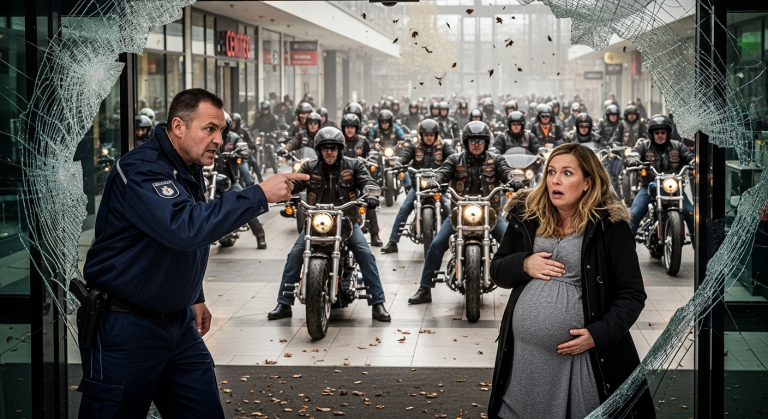 IM OBERHAUSEN CENTRO STIESS EIN WÜTENDER SECURITY-MANN DIE SCHWANGERE CLARA IN DIE KÄLTE UND ZEIGTE MIT DEM FINGER DIREKT IN IHR GESICHT… SEKUNDEN SPÄTER BEBTE DAS EINKAUFSZENTRUM, ALS 50 BIKER MIT IHREN HARLEYS DIREKT DURCH DIE GLASEINGÄNGE FUHREN!