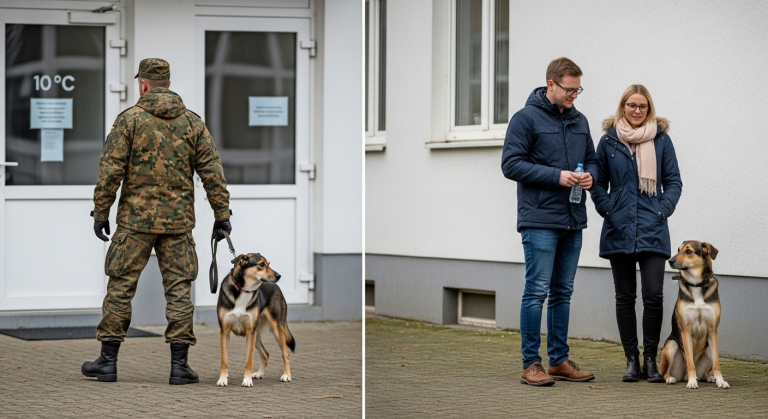 VOR DER KASERNE IN HANNOVER TRAT DER SOLDAT SEINEN VERLETZTEN HUND WEG UND LIEß IHN BEI MINUS 10 GRAD ZURÜCK, WEIL ER ALS NUTZLOS GALT… ABER DREI TAGE SPÄTER RETTETE GENAU DIESER HUND SEIN BABY AUS EINER BRENNENDEN WOHNUNG.