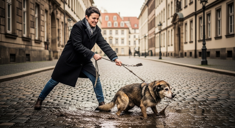 IN DEN STRASSEN VON DRESDEN ZERRISS DIE FRAU DIE LEINE UND STIEß IHREN ALTEN HUND GEWALTSAM IN DEN SCHLAMM, UM IHN LOSZUWERDEN… DOCH 4 WOCHEN SPÄTER TAUCHTE ER WIEDER AUF UND BEWAHRTE SIE VOR EINEM MORD.