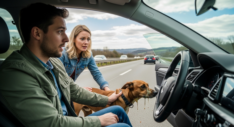 AUF DER AUTOBAHN BEI NÜRNBERG RISS DER EHEMANN DIE AUTOTÜR AUF UND WARF DEN KRANKEN HUND AUF DEN ASPHALT, WEIL ER DAS NEUE AUTO BESCHMUTZTE… ABER 2 STUNDEN SPÄTER STAND DER HUND WIEDER DA UND VERHINDERTE EINEN TÖDLICHEN UNFALL.