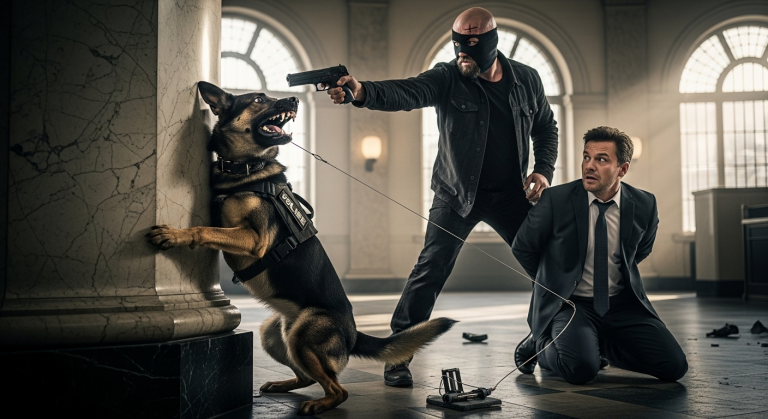 WÄHREND DES ÜBERFALLS IN DÜSSELDORF TRAT DER VERBRECHER DEN POLIZEIHUND BRUTAL IN DIE ECKE UND RICHTETE SEINE WAFFE AUF EINE GEISEL… ABER DANN ZOG DER 8 JÄHRIGE HUND AN EINEM VERSTECKTEN KABEL UND DREHTE DIE GANZE SITUATION UM.