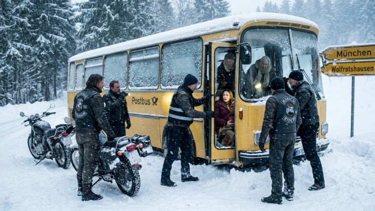 Eisige Hölle vor München: Rocker-Bande stoppt! Was sie im verlassenen Schnee-Bus fanden, lässt dir das Blut gefrieren… Niemand rechnete mit IHR!