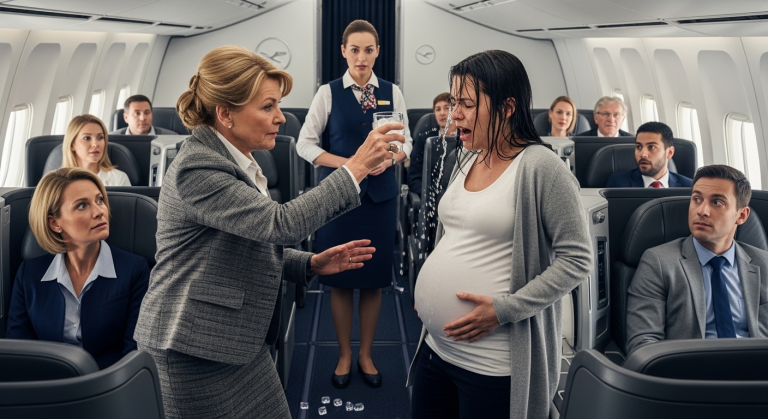 IN 10000 METERN HÖHE AUF DEM LUFTHANSA-FLUG NACH BERLIN SCHÜTTETE FRAU WEBER IHRER SCHWANGEREN SCHWIEGERTOCHTER EISWASSER INS GESICHT UND WARF SIE AUS DER FIRST CLASS, WEIL SIE NUR EIN ARMEES WEISENKIND WAR…DOCH ALS DER KAPITÄN PLÖTZLICH DAS MIKROFON ERGRIFF, ERSTARRTE DIE ARROGANTE FRAU VOR SCHRECK.