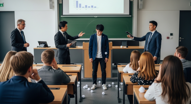 Während der Präsentation unterbrachen sie den asiatischen Studenten Shin ständig mit rassistischen Geräuschen und warfen Papierkugeln. Shin stand kurz vor den Tränen, bis ein eleganter Mann im Publikum aufstand. Es war sein Bruder, der Hauptinvestor der Universität, der die Präsentation stoppte und die sofortige Exmatrikulation der störenden Studenten forderte.