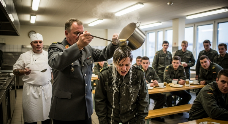 IN DER KANTINE IN MÜNCHEN SCHÜTTETE DER FELDWEBEL DER ZITTERNDEN REKRUTIN SEINE HEISSE SUPPE ÜBER DEN KOPF, WEIL FRAUEN BEI DEN 10 MÄNNERN NICHTS ZU SUCHEN HÄTTEN… WAS DER UNBEKANNTE KOCH DARAUFHIN TAT, WIRD BIS HEUTE VOM MILITÄR VERHEIMLICHT.