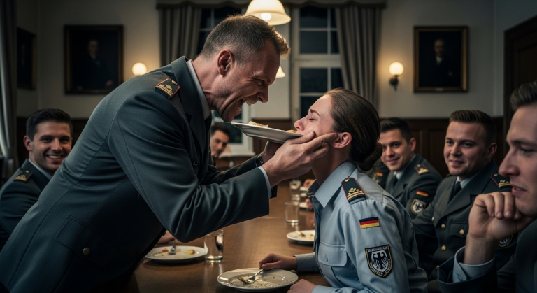 IM OFFIZIERSCASINO IN STUTTGART DRÜCKTE DER HAUPTMANN DAS GESICHT DER SANITÄTERIN IN DEN TELLER UND LACHTE ÜBER IHRE TRÄNEN, WEIL SIE NUR 1 FRAU WAR… DAS BLUTIGE DETAIL AUF DEM TISCH AM NÄCHSTEN MORGEN WIRFT BIS HEUTE UNGELÖSTE FRAGEN AUF.