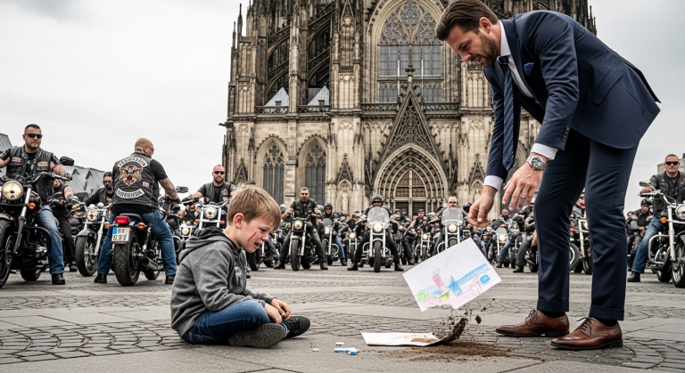 DER ARROGANTE GESCHÄFTSMANN VOR DEM KÖLNER DOM ZERRISS DIE LETZTE ZEICHNUNG DES WEINENDEN JUNGEN FÜR SEINE VERSTORBENE MUTTER UND WARF SIE IN DEN DRECK, WEIL DAS PAPIER SEINE SCHUHE BERÜHRTE… NIEMAND AHNTE, WELCHE HÖLLE LOSBRACH, ALS 40 SCHWERGEWICHTIGE BIKER ANHIELTEN.