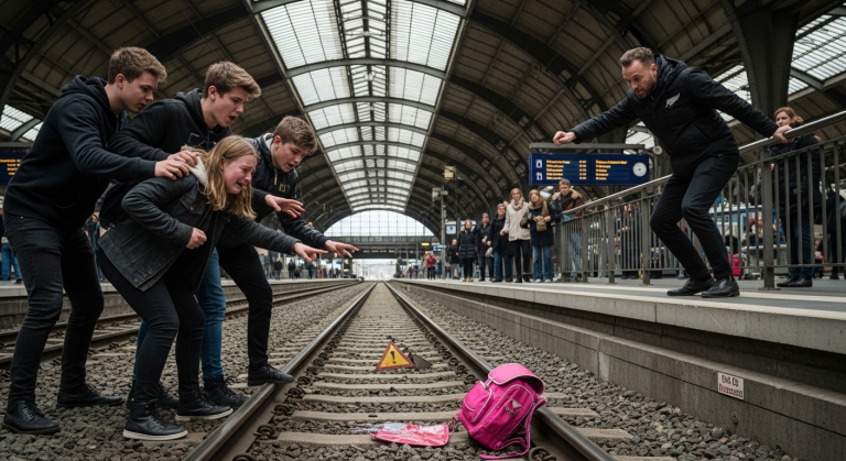 DIE GEMEINE CLIQUE AM HAMBURGER BAHNHOF WARF DIE SCHULTASCHE EINES WEINENDEN MÄDCHENS AUF DIE GLEISE UND BESPUCKTE SIE… BIS EIN NEUFUNDLÄNDER ÜBER DAS GELÄNDER SPRANG UND EIN GEHEIMNIS IN DER TASCHE OFFENBARTE, DAS 3 MOBBER INS GEFÄNGNIS BRACHTE.