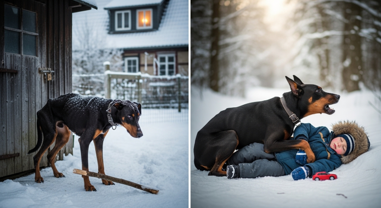 DER KALTHERZIGE VATER SCHLUG MIT EINEM STOCK NACH DEM VERHUNGERTEN DOBERMANN UND SPERRTE IHN IN DIE EISIGE KÄLTE AUS… WAS GENAU DIESER HUND JEDOCH 2 TAGE SPÄTER FÜR DEN SOHN DES MANNES TAT, LÄSST 5 MILLIONEN MENSCHEN IM INTERNET WEINEN.